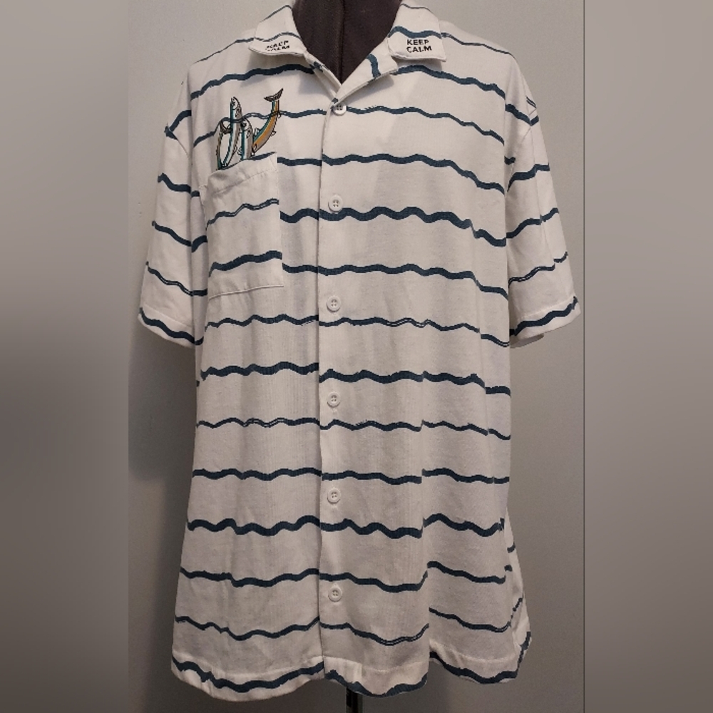 Knickerbocker Vintage Design Men Button Up Gone Fishing XL White Blue Stripe S/S
